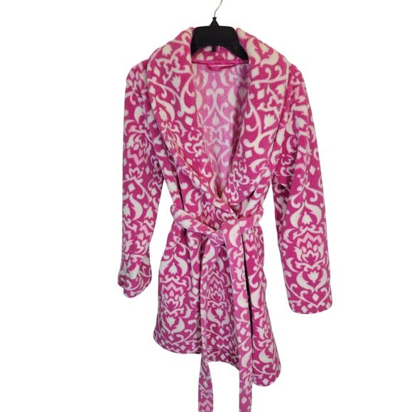 PINK K Sleep wear Robe Pink Damask Print Plush Chunky Women's Sz Small - Picture 1 of 11